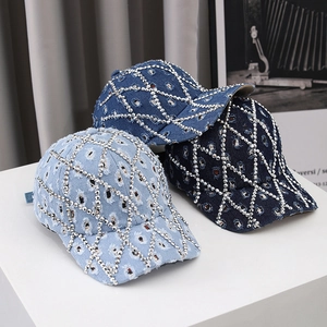 Distressed denim baseball caps with diamond rhinestones in light, medium, and dark blue