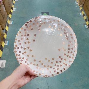 Detail of disposable paper plates with rose gold polka dots in clear plastic packaging