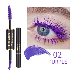 Detail view of dual-ended purple mascara with applicator brushes and eye makeup result