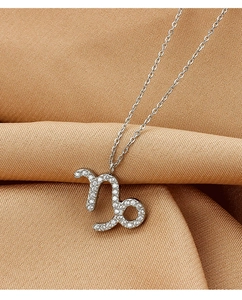 Close-up of Capricorn zodiac pendant with sparkling zircon on textured brown fabric