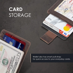 Detailed view of brown leather wallet featuring multi-card slots and smart pull-strap system