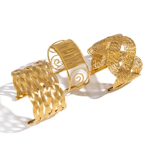Minimalist gold woven hollow cuff bracelet made of durable stainless steel for women