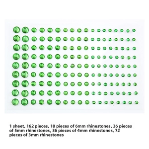 Green self-adhesive acrylic rhinestones sheet in 3mm to 6mm sizes for face and eye makeup