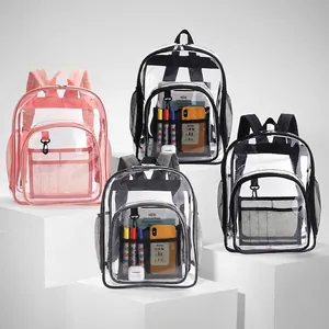 Transparent PVC backpack with large capacity and mesh side pockets for outdoor travel