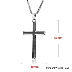 Polished stainless steel black cross pendant necklace for men with 53mm height and box chain