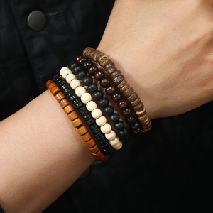 6-piece vintage wooden bead and coconut shell bracelet set for men with natural textures