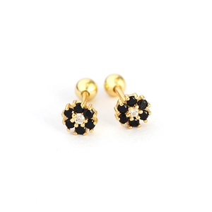 Floral S925 silver earrings with black zircon stones and secure screw ball backs