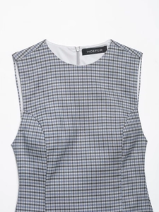 Close-up of small round neck and back invisible zipper on plaid sleeveless dress