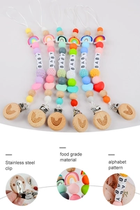 Detail showing food grade silicone beads and stainless steel clip of baby pacifier chains