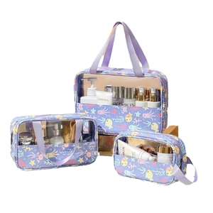 3-piece set of transparent waterproof PVC makeup bags with purple handles and sea life prints