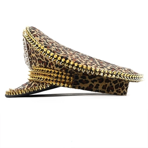 Punk style leopard print captain hat with gold studs and rhinestone details
