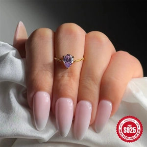S925 sterling silver chain ring with purple pear-cut gemstone on gold finish for women