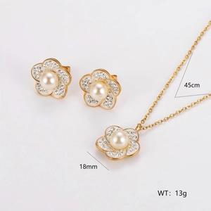 Elegantes Blumen-Schmuckset aus Gold mit Perlen und Kristallen, inklusive Halskette und Ohrringen