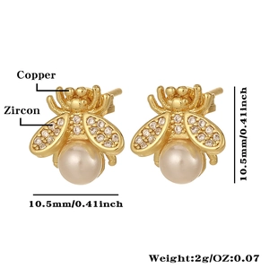 Macro view of gold honeybee stud earrings with zircons, pearls and dimensions