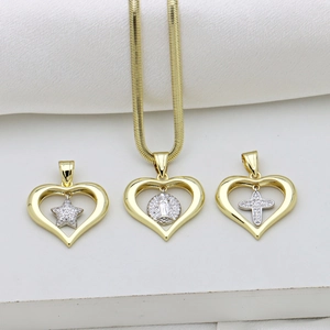 Golden heart pendants with star, Virgin Mary, and cross charms on a sleek snake chain