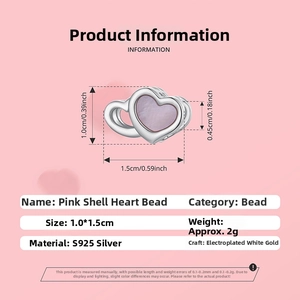 Close-up of S925 silver heart bead with pink mother-of-pearl for DIY charm bracelet