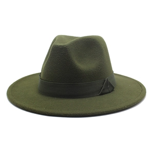 Detail of dark olive green wool felt fedora with matching grosgrain ribbon and classic crown
