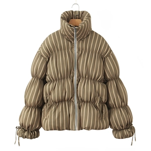 Women Striped Puffer Jacket Stand Collar Quilted Warm Cotton Padded Coat Loose Fit Vertical Stripe Ethnic Style Outerwear