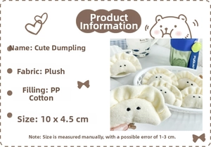 Detail view of plush dumpling keychains in a basket showing 10x4.5cm product dimensions