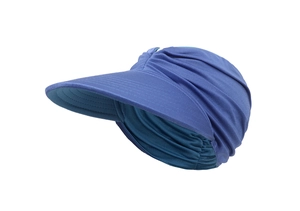 Close-up of royal blue sun hat brim stitching and layered pleated fabric design