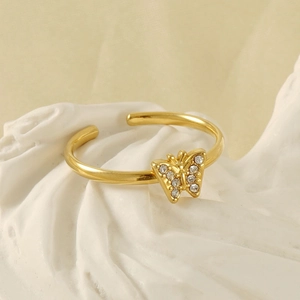 18K gold plated stainless steel butterfly open ring with sparkling zircon stones