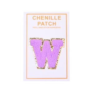 Detail of purple chenille letter W patch with gold glitter edge and adhesive backing