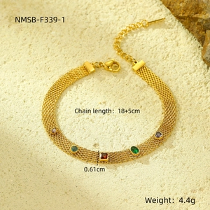 Detail showing 0.61cm gold mesh bracelet with colorful zircons and size specifications