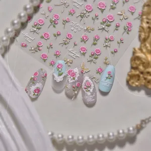 Adesivi per unghie vintage francesi con rose rosa, pizzo bianco e motivi a fiocco