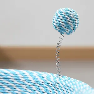 Durable blue and white sisal cat scratcher ball with flexible metal spring toy