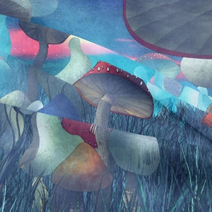 Detailed view of the fantasy mushroom forest tapestry with vibrant geometric art textures