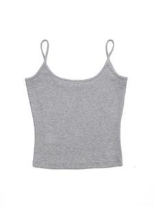 Slim fit grey ribbed knit camisole with thin shoulder straps on white background