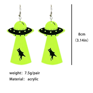 Neon green acrylic UFO earrings with black cat silhouette, 8cm long Halloween jewelry