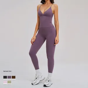 Women's deep purple yoga set with V-neck slim fit tank top and high waist leggings