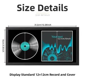 Detailed dimension guide for black wood vinyl record frame showing size specifications