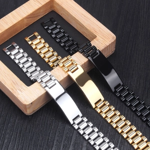 Macro shot of 15mm watch band link bracelets in silver, gold, and black finishes