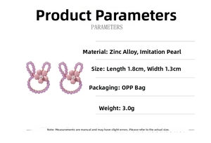 Detail specifications of cute rabbit stud earrings with pink flowers and faux pearls