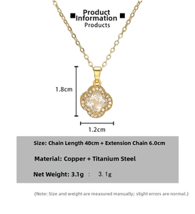 Size specifications for clover necklace showing pendant dimensions and chain length