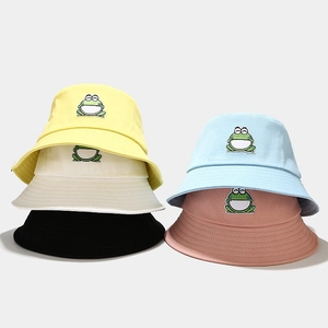 Set of five colorful cotton sun hats with cute embroidered green frog for women
