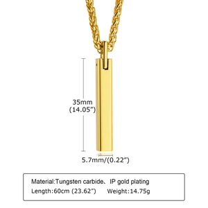 Macro detail of tungsten carbide gold bar pendant with precise dimension and material data