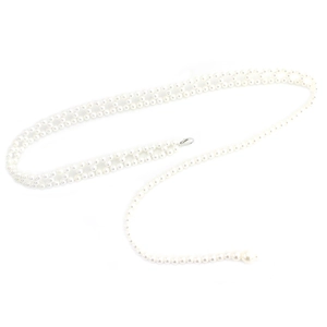 Elegant woven pearl waist chain for dresses featuring a silver lobster clasp and grid design