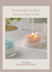 Detail of succulent shaped scented candles in glass cups with soft warm lighting