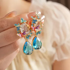 Vintage zircon and blue enamel drop earrings with butterfly and dragonfly motifs