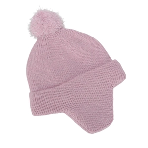 Close-up of pink knit winter hat for kids with pompom and warm earflaps detail