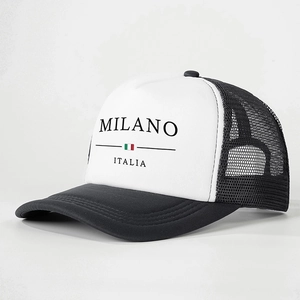 Classic MILANO ITALIA trucker hat with black and white mesh design in 45-degree view