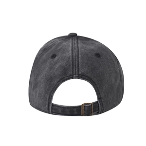 Rear view of washed dark grey baseball cap with adjustable strap and metallic buckle