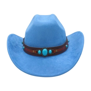Sky blue western cowboy hat with suede texture and turquoise studded leather band