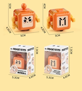 Robot fidget arancione con meccanismo pieghevole e dettagli sulla confezione