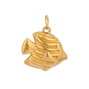 Detailed macro view of 18K gold plated fish pendant with embossed scales and fins