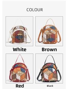 Collage of mini backpacks in four colors with patchwork leather and swan pendant