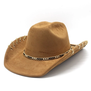 Western Cowboyhut Aus Wildleder Mit Goldener Metallkette Breiter Krempe Mode Fedora Für Damen Herren Outdoor